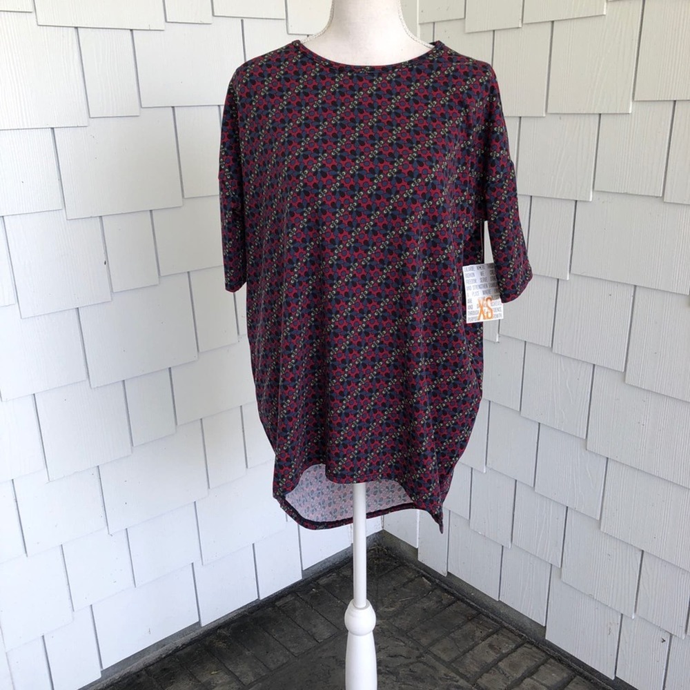LulaRoe Women's Maroon/Navy Floral Hi-Low Hem Half Sleeve Irma Tunic Top Sz XS
